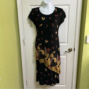 Menu Dress Brown Gold Leaves Fall Black Multi Color Short Sleeves Vintage Sz 14